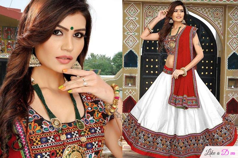 White and Turkey Red Embroidered Cotton Lehenga Choli